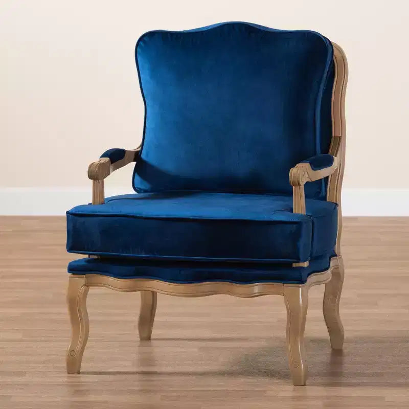 Fauteuil d'appoint avec tissu traditionnel bleu marine et accents en bois de chêne français