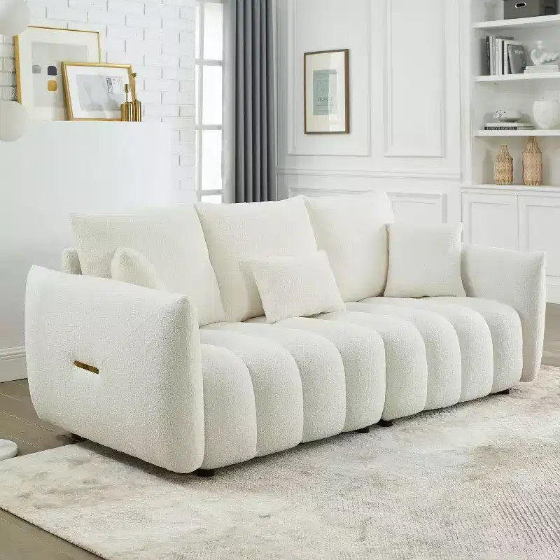 3-seater Upholstered Sofa Couch, Teddy Fabric Sofa with 3 Back Pillows 4M -ModernLuxe
