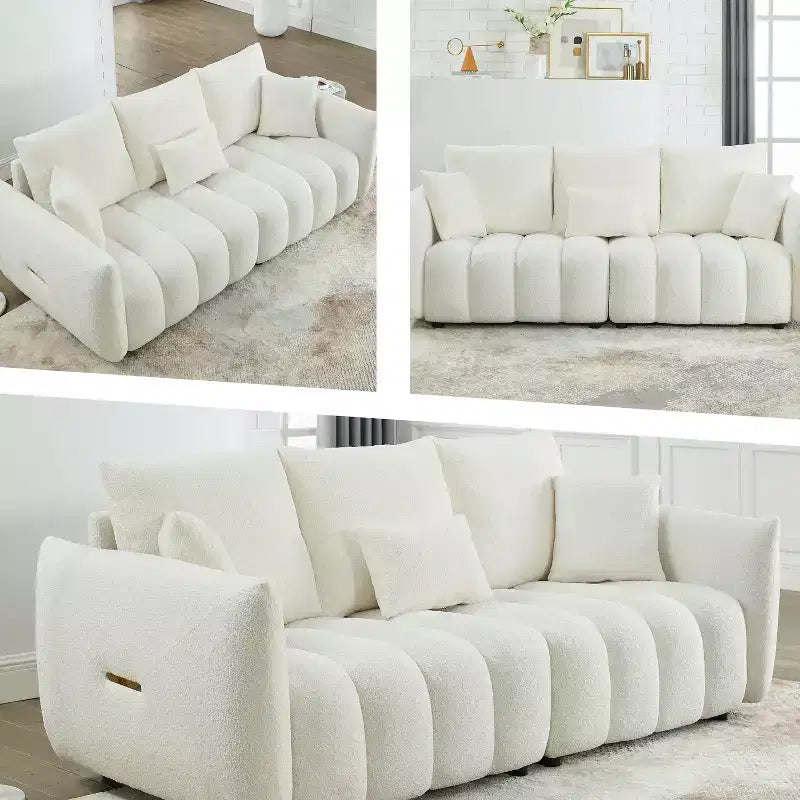 Canapé rembourré 3 places en tissu peluche, avec 3 coussins de dossier 4M