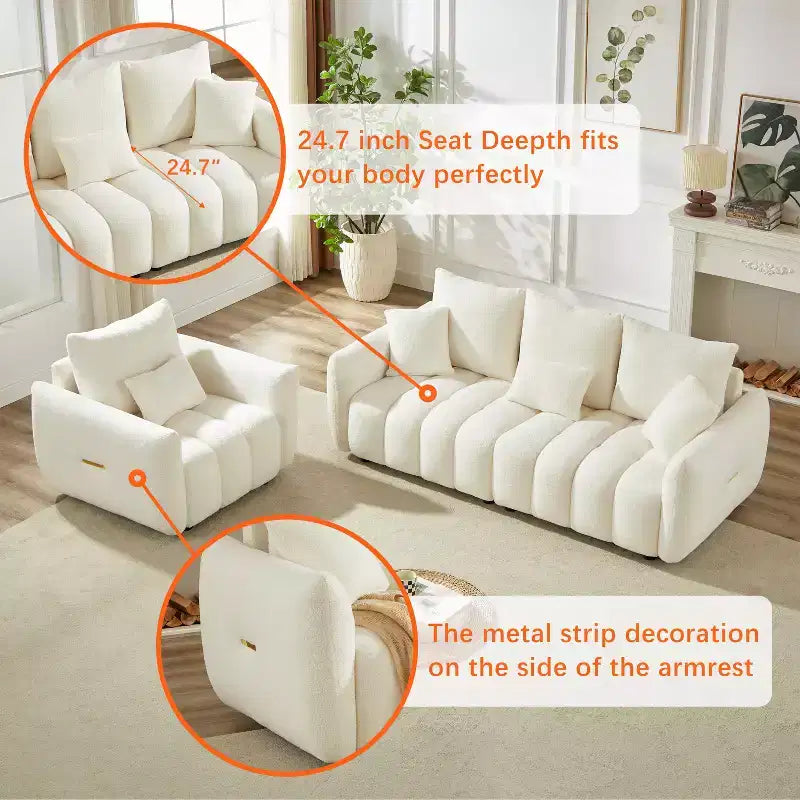 Canapé rembourré 3 places en tissu peluche, avec 3 coussins de dossier 4M