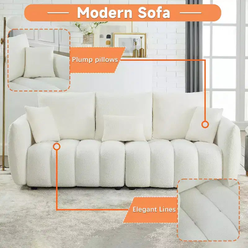 Canapé rembourré 3 places en tissu peluche, avec 3 coussins de dossier 4M