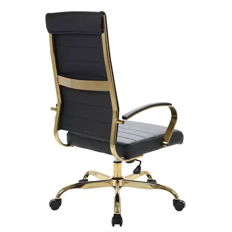 Chaise de bureau à dossier haut en cuir nervuré, pivotante et inclinable, style moderne, piètement doré