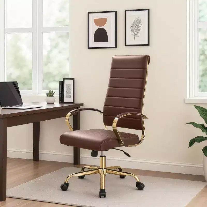 Chaise de bureau à dossier haut en cuir nervuré, pivotante et inclinable, style moderne, piètement doré