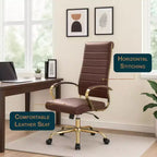 Chaise de bureau à dossier haut en cuir nervuré, pivotante et inclinable, style moderne, piètement doré