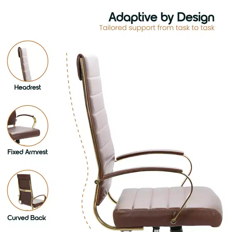 Chaise de bureau à dossier haut en cuir nervuré, pivotante et inclinable, style moderne, piètement doré