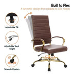 Chaise de bureau à dossier haut en cuir nervuré, pivotante et inclinable, style moderne, piètement doré