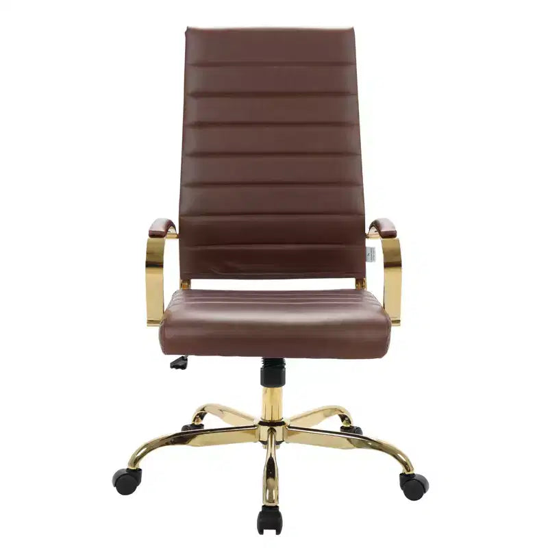 Chaise de bureau à dossier haut en cuir nervuré, pivotante et inclinable, style moderne, piètement doré