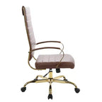 Chaise de bureau à dossier haut en cuir nervuré, pivotante et inclinable, style moderne, piètement doré