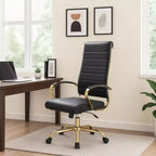 Chaise de bureau à dossier haut en cuir nervuré, pivotante et inclinable, style moderne, piètement doré