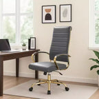 Chaise de bureau à dossier haut en cuir nervuré, pivotante et inclinable, style moderne, piètement doré