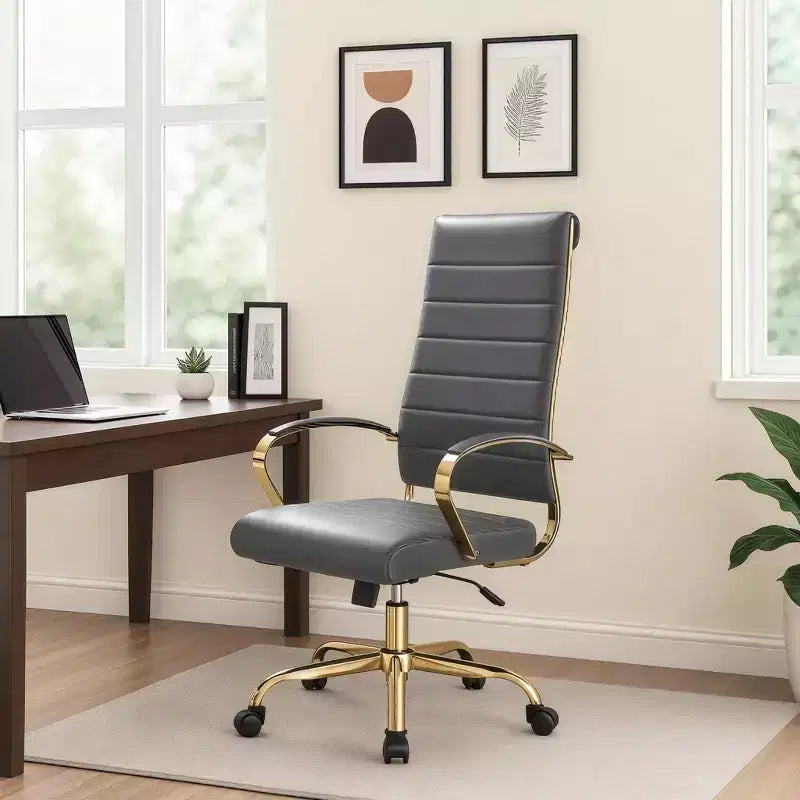 Chaise de bureau à dossier haut en cuir nervuré, pivotante et inclinable, style moderne, piètement doré