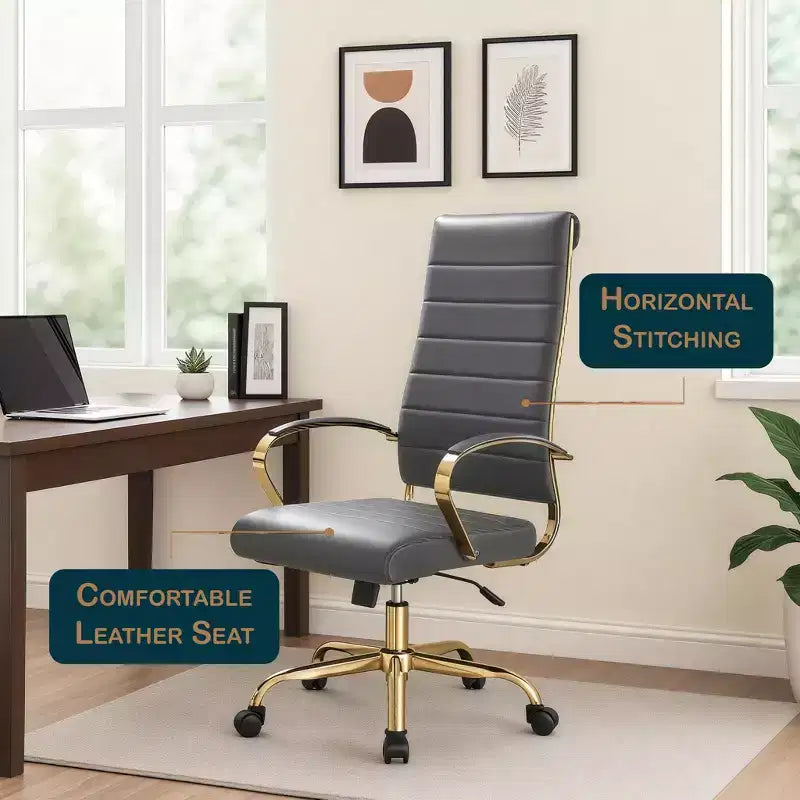 Chaise de bureau à dossier haut en cuir nervuré, pivotante et inclinable, style moderne, piètement doré