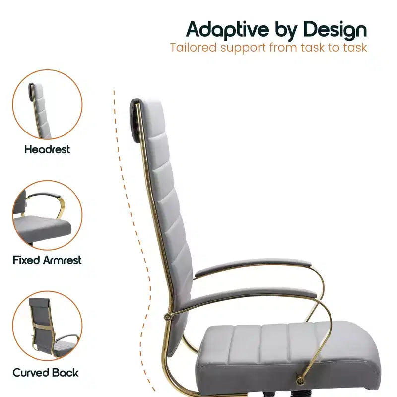 Chaise de bureau à dossier haut en cuir nervuré, pivotante et inclinable, style moderne, piètement doré