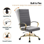 Chaise de bureau à dossier haut en cuir nervuré, pivotante et inclinable, style moderne, piètement doré