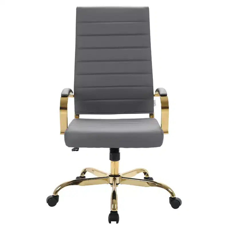 Chaise de bureau à dossier haut en cuir nervuré, pivotante et inclinable, style moderne, piètement doré