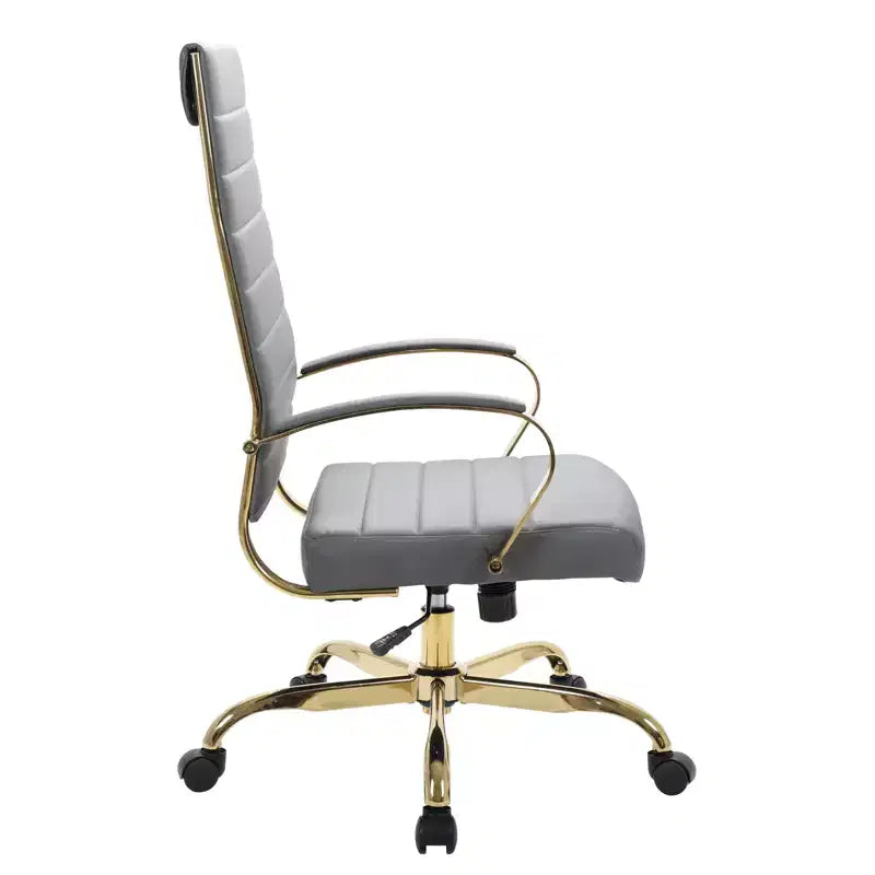 Chaise de bureau à dossier haut en cuir nervuré, pivotante et inclinable, style moderne, piètement doré
