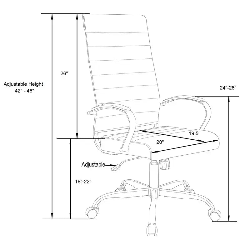 Chaise de bureau à dossier haut en cuir nervuré, pivotante et inclinable, style moderne, piètement doré