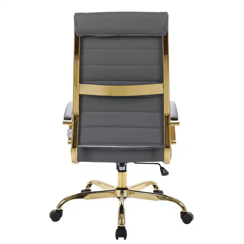 Chaise de bureau à dossier haut en cuir nervuré, pivotante et inclinable, style moderne, piètement doré
