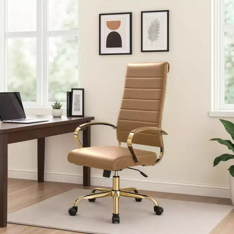 Chaise de bureau à dossier haut en cuir nervuré, pivotante et inclinable, style moderne, piètement doré