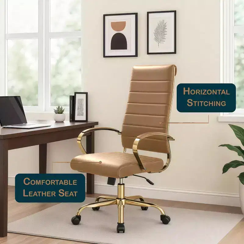 Chaise de bureau à dossier haut en cuir nervuré, pivotante et inclinable, style moderne, piètement doré