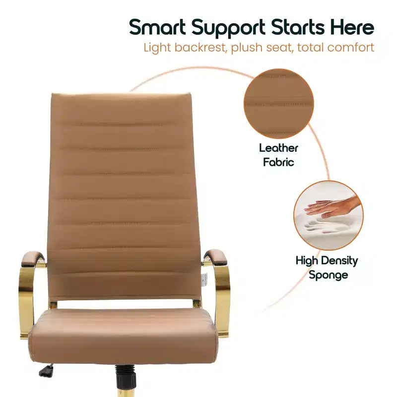 Chaise de bureau à dossier haut en cuir nervuré, pivotante et inclinable, style moderne, piètement doré