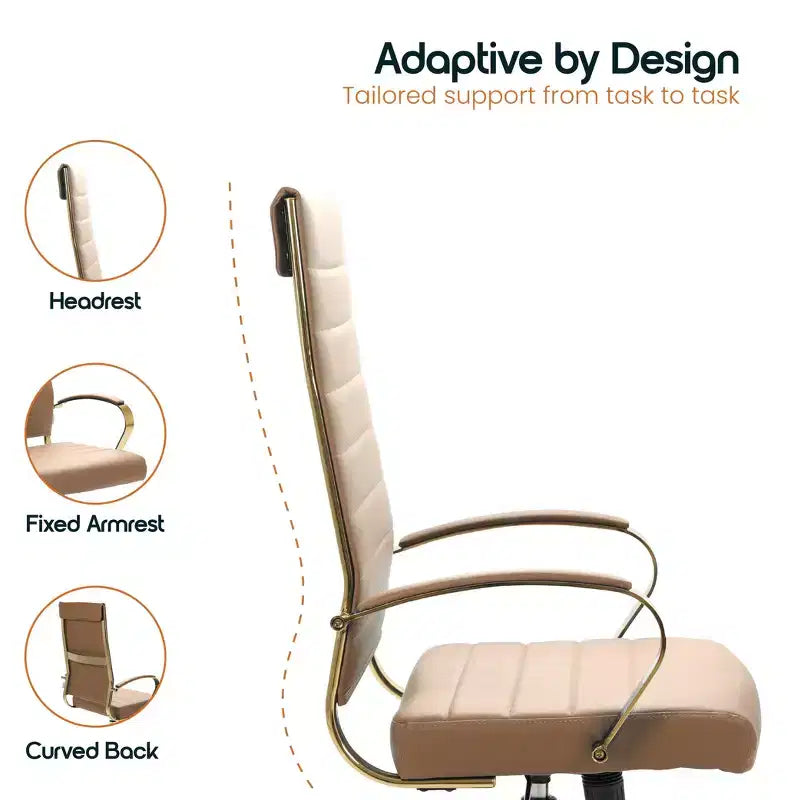 Chaise de bureau à dossier haut en cuir nervuré, pivotante et inclinable, style moderne, piètement doré