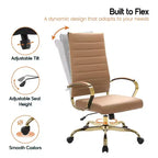 Chaise de bureau à dossier haut en cuir nervuré, pivotante et inclinable, style moderne, piètement doré