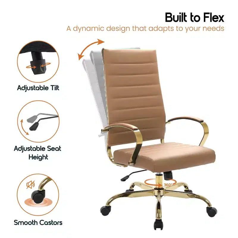 Chaise de bureau à dossier haut en cuir nervuré, pivotante et inclinable, style moderne, piètement doré