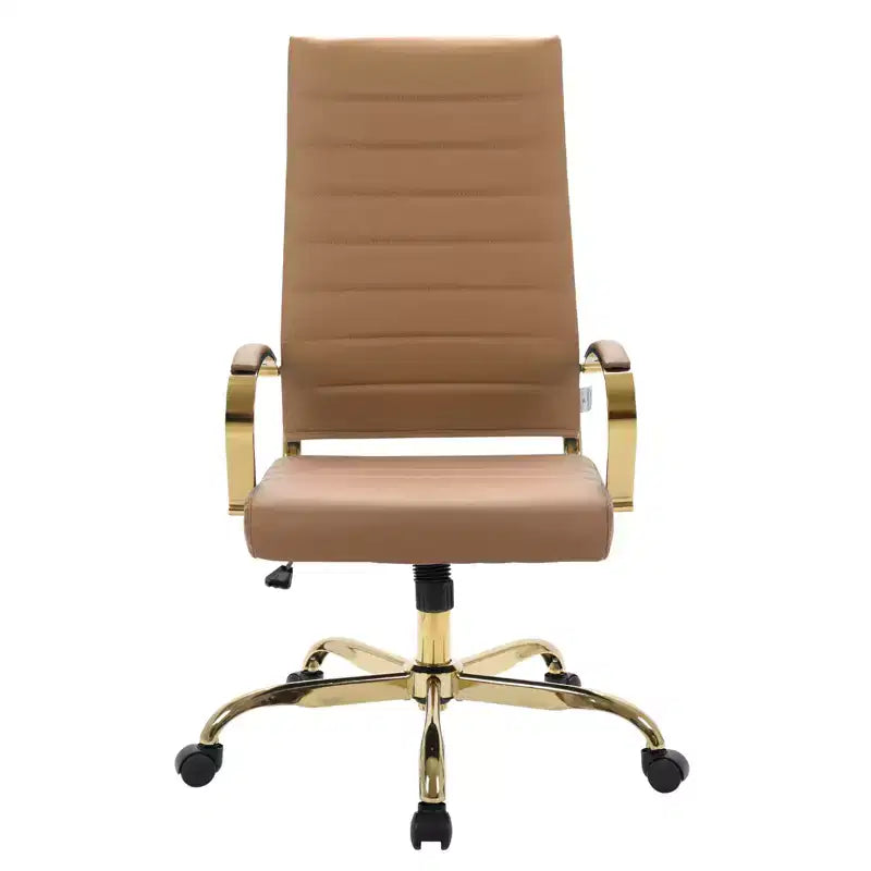 Chaise de bureau à dossier haut en cuir nervuré, pivotante et inclinable, style moderne, piètement doré