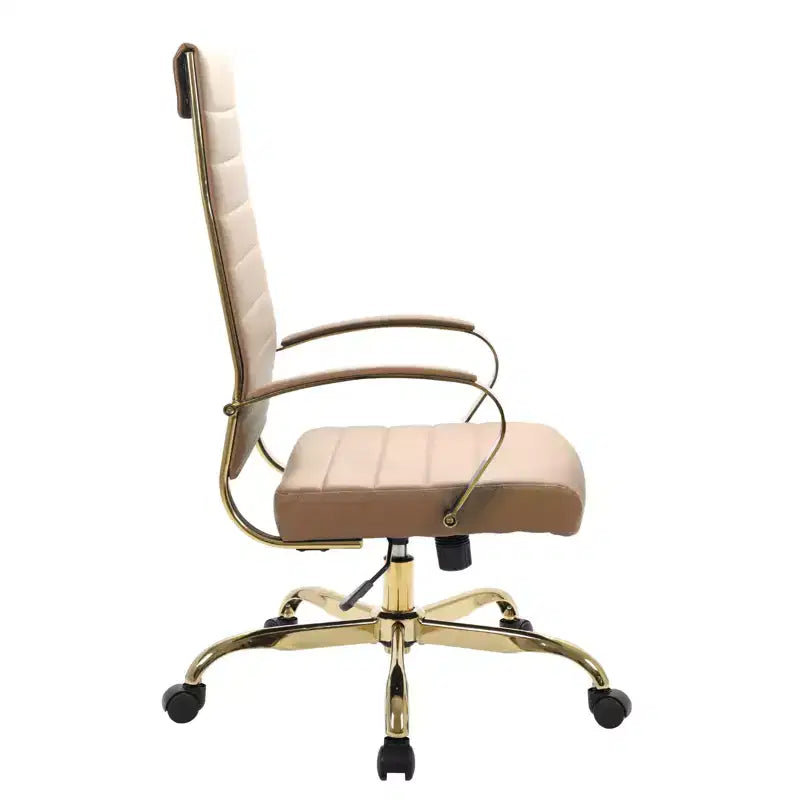 Chaise de bureau à dossier haut en cuir nervuré, pivotante et inclinable, style moderne, piètement doré