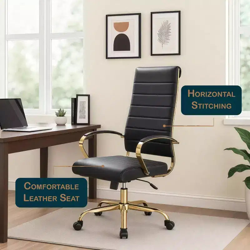 Chaise de bureau à dossier haut en cuir nervuré, pivotante et inclinable, style moderne, piètement doré