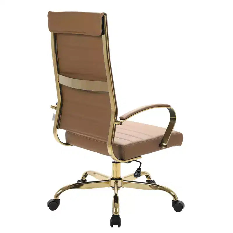 Chaise de bureau à dossier haut en cuir nervuré, pivotante et inclinable, style moderne, piètement doré
