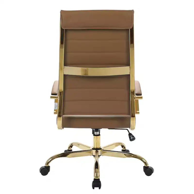 Chaise de bureau à dossier haut en cuir nervuré, pivotante et inclinable, style moderne, piètement doré