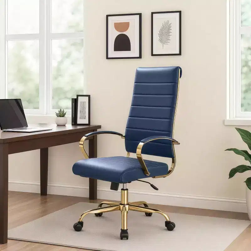 Chaise de bureau à dossier haut en cuir nervuré, pivotante et inclinable, style moderne, piètement doré