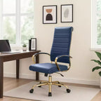 Chaise de bureau à dossier haut en cuir nervuré, pivotante et inclinable, style moderne, piètement doré