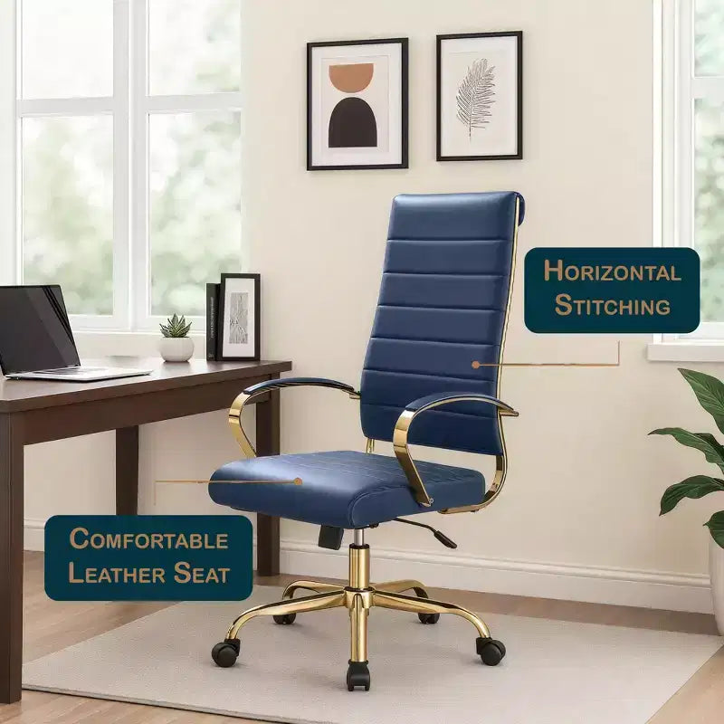 Chaise de bureau à dossier haut en cuir nervuré, pivotante et inclinable, style moderne, piètement doré