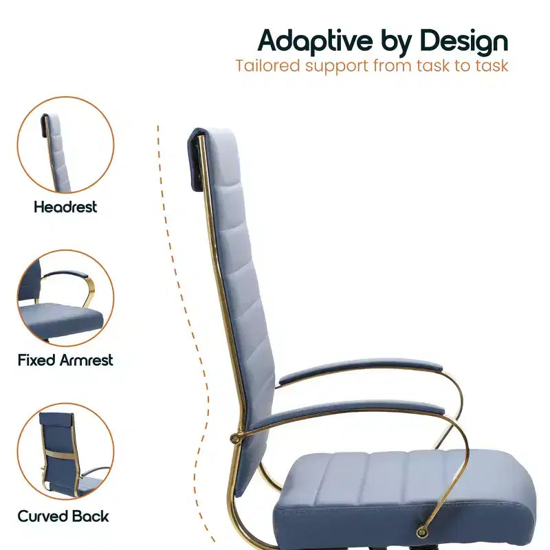 Chaise de bureau à dossier haut en cuir nervuré, pivotante et inclinable, style moderne, piètement doré