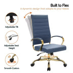 Chaise de bureau à dossier haut en cuir nervuré, pivotante et inclinable, style moderne, piètement doré