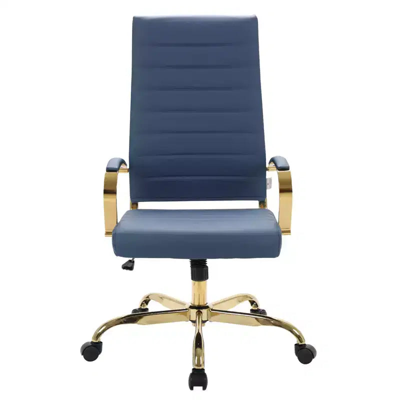 Chaise de bureau à dossier haut en cuir nervuré, pivotante et inclinable, style moderne, piètement doré