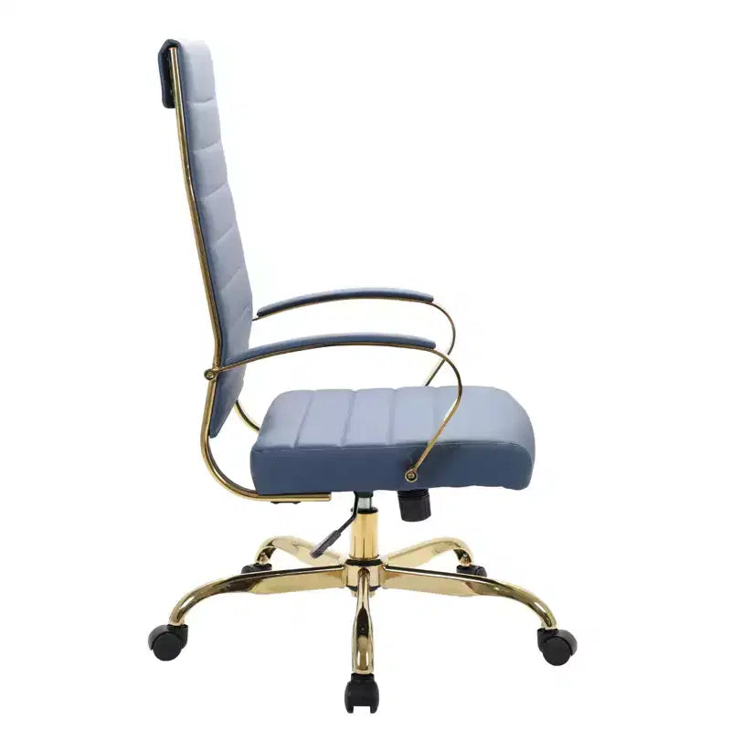 Chaise de bureau à dossier haut en cuir nervuré, pivotante et inclinable, style moderne, piètement doré