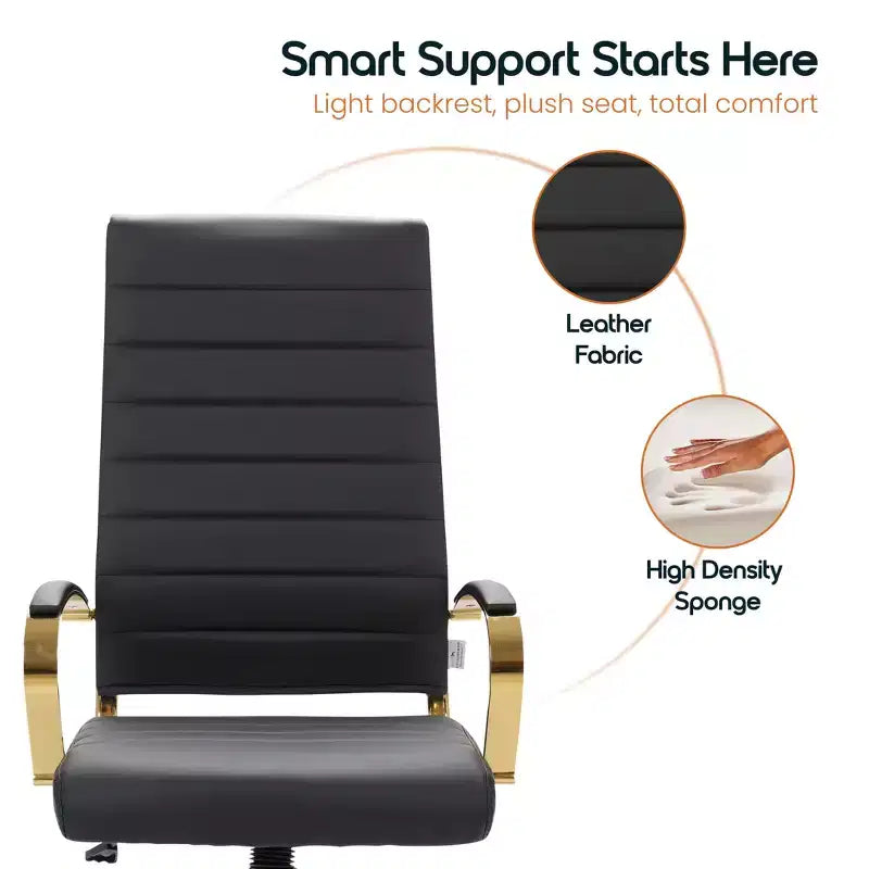 Chaise de bureau à dossier haut en cuir nervuré, pivotante et inclinable, style moderne, piètement doré