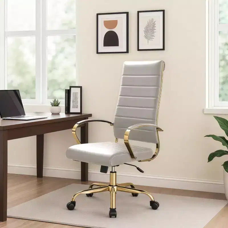 Chaise de bureau à dossier haut en cuir nervuré, pivotante et inclinable, style moderne, piètement doré