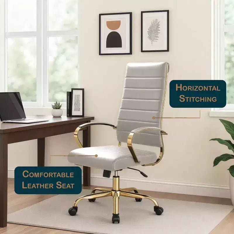 Chaise de bureau à dossier haut en cuir nervuré, pivotante et inclinable, style moderne, piètement doré
