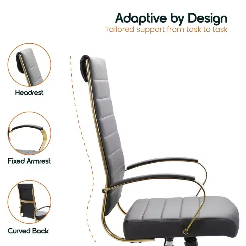 Chaise de bureau à dossier haut en cuir nervuré, pivotante et inclinable, style moderne, piètement doré