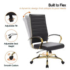 Chaise de bureau à dossier haut en cuir nervuré, pivotante et inclinable, style moderne, piètement doré