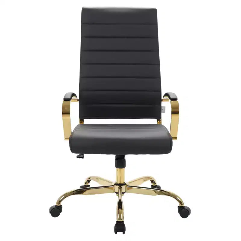 Chaise de bureau à dossier haut en cuir nervuré, pivotante et inclinable, style moderne, piètement doré