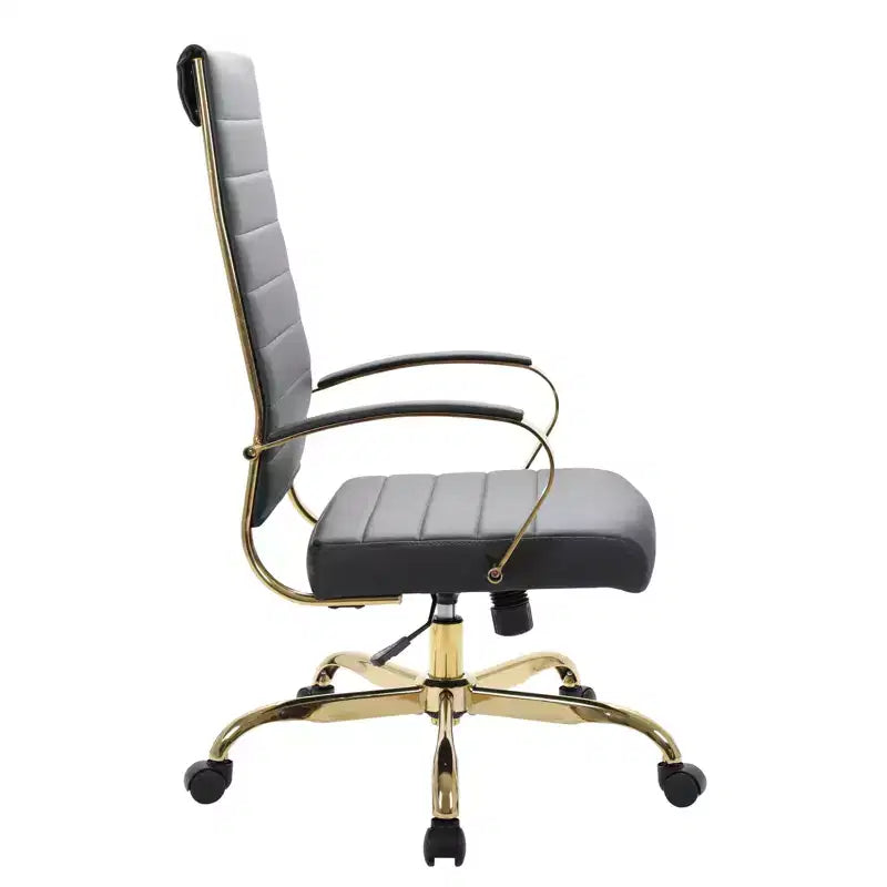 Chaise de bureau à dossier haut en cuir nervuré, pivotante et inclinable, style moderne, piètement doré