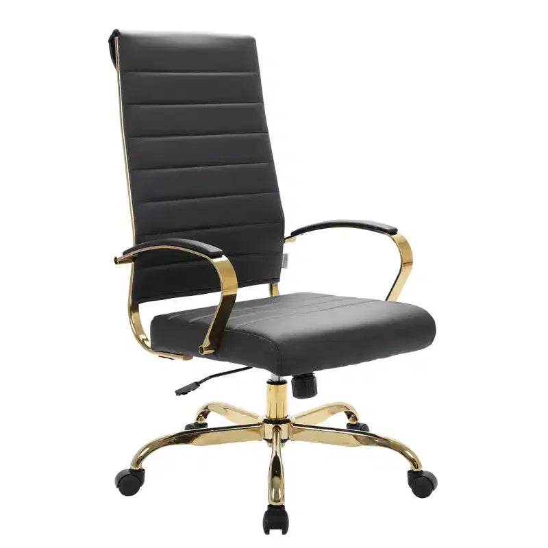 LeisureMod Benmar High-Back Ribbed Leather Office Chair - Modern Swivel & Tilt Executive Desk Chair - Gold Base