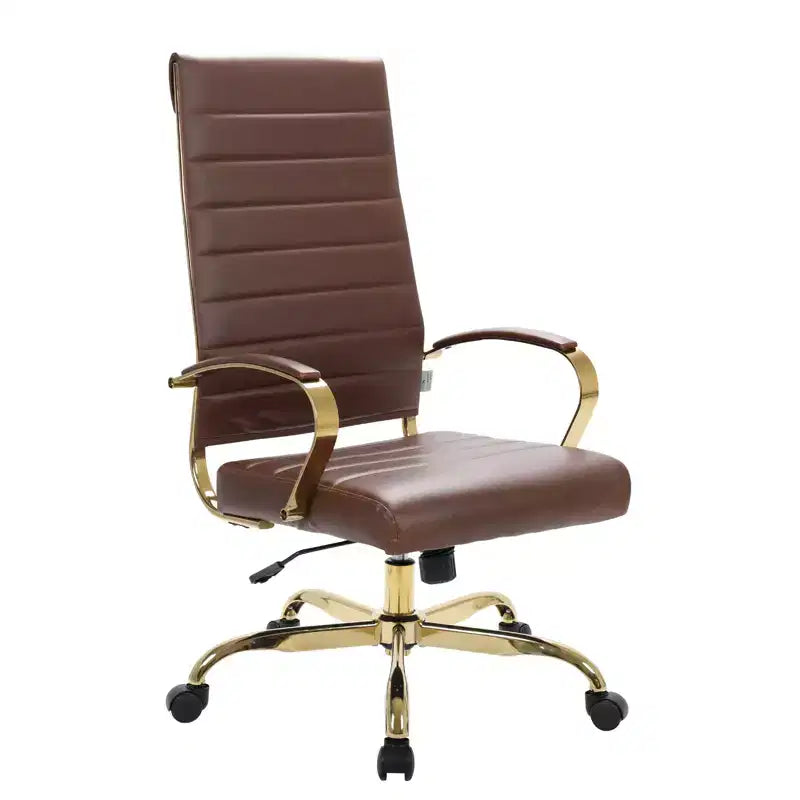 Chaise de bureau à dossier haut en cuir nervuré, pivotante et inclinable, style moderne, piètement doré