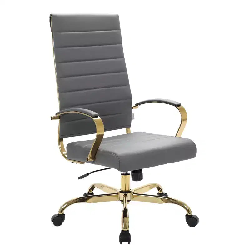 Chaise de bureau à dossier haut en cuir nervuré, pivotante et inclinable, style moderne, piètement doré
